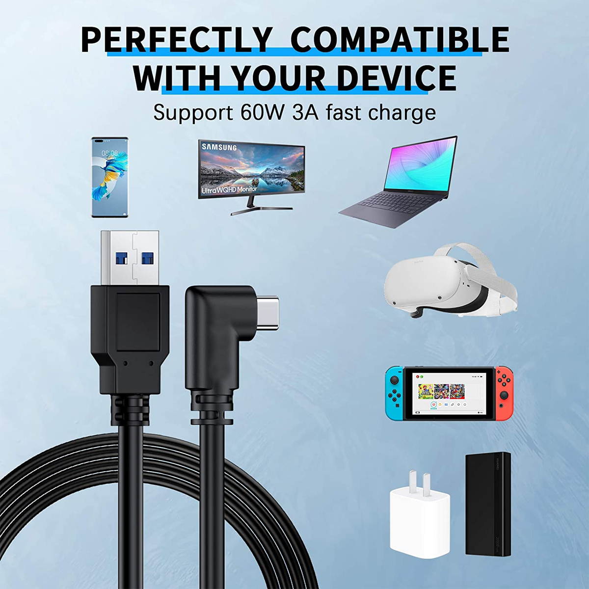 Link Cable Compatible for Oculus Quest 2, Fast Charging & PC Data Transfer USB C 3.2 Gen1 Cable for VR Headset and Gaming PC 10FT(3M)