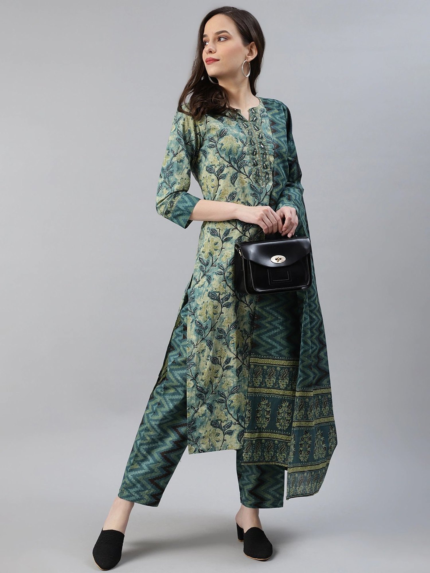 Vaamsi Green Floral Print Kurta Pant Set With Dupatta
