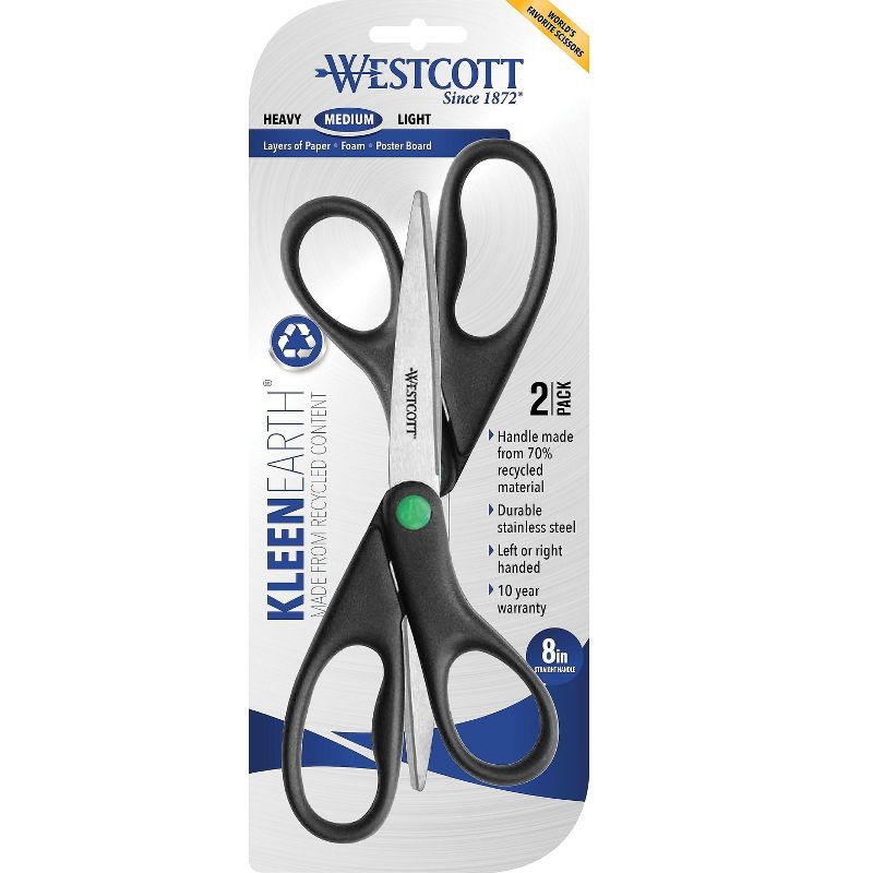 Westcott KleenEarth Recycled Scissors 8" Long Black 2/Pack 15179