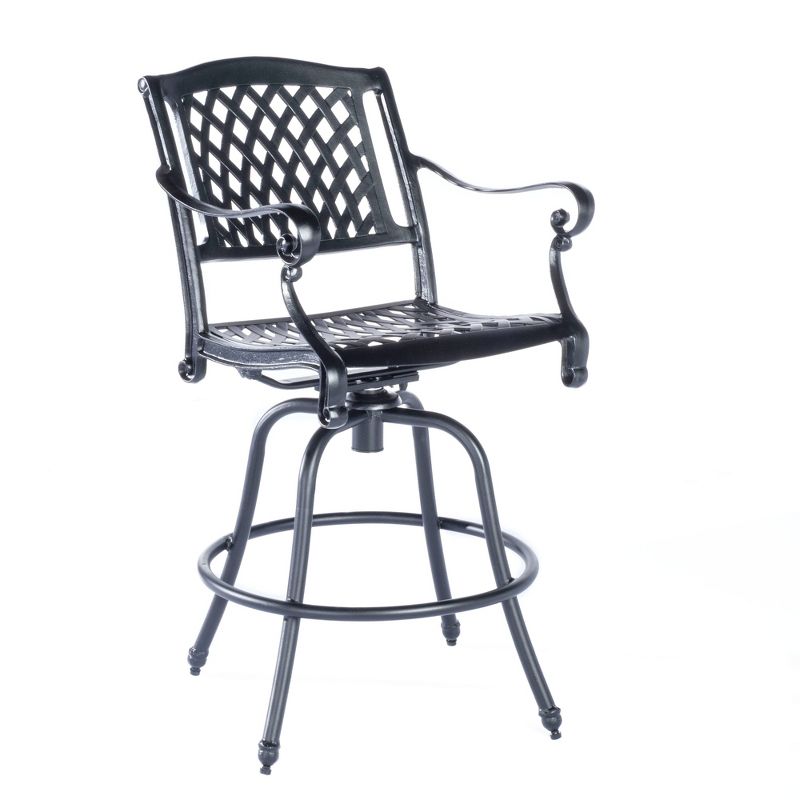 Westbury 5pc Cast Aluminum Dining Set with Umbrella Hole Round Bar Table & 4 Bar Swivel Arm Chairs - Alfresco Home