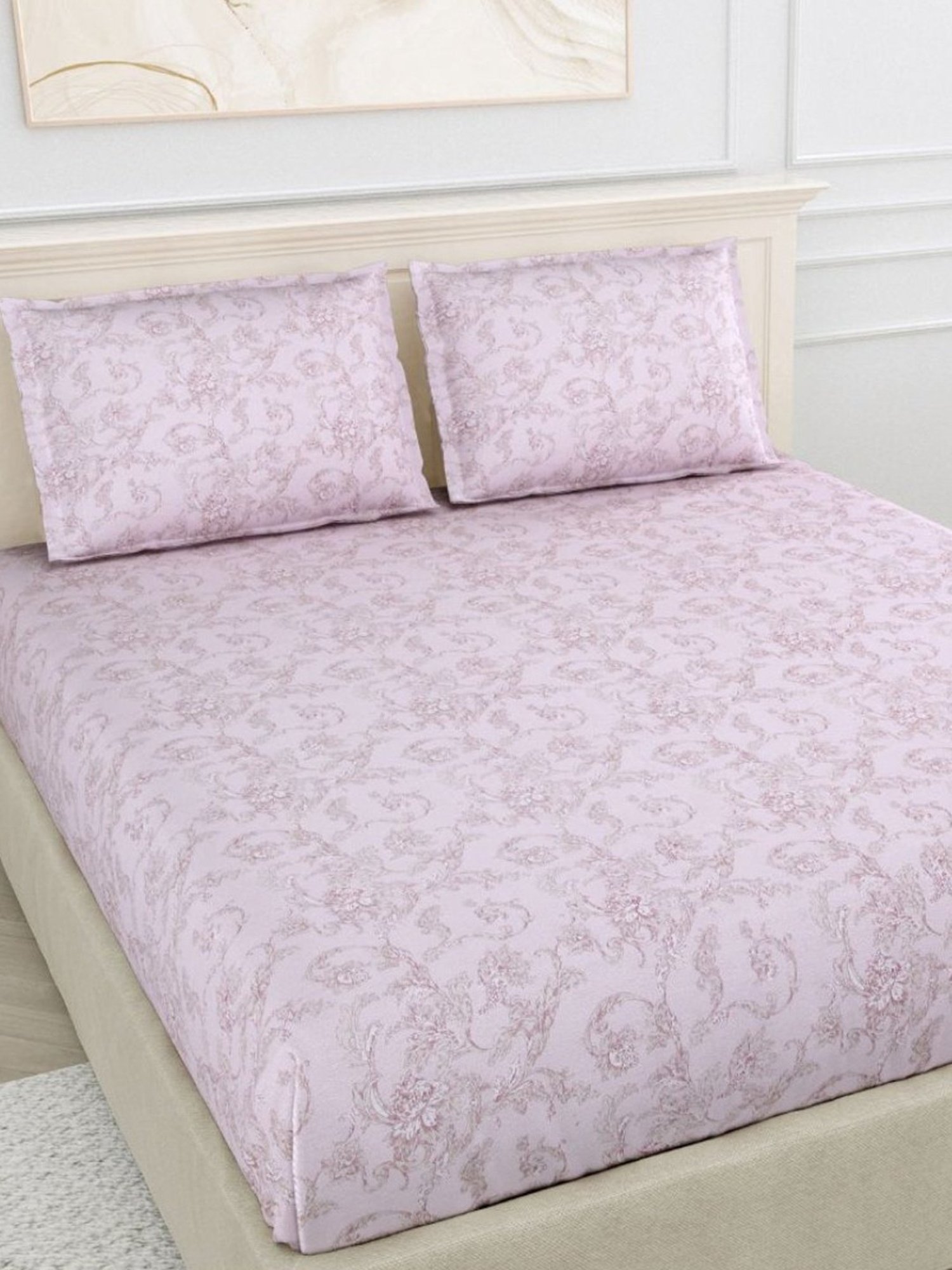 Haus & Kinder Printed Pink 300 TC Cotton King Bed Sheet with 2 Pillow Covers