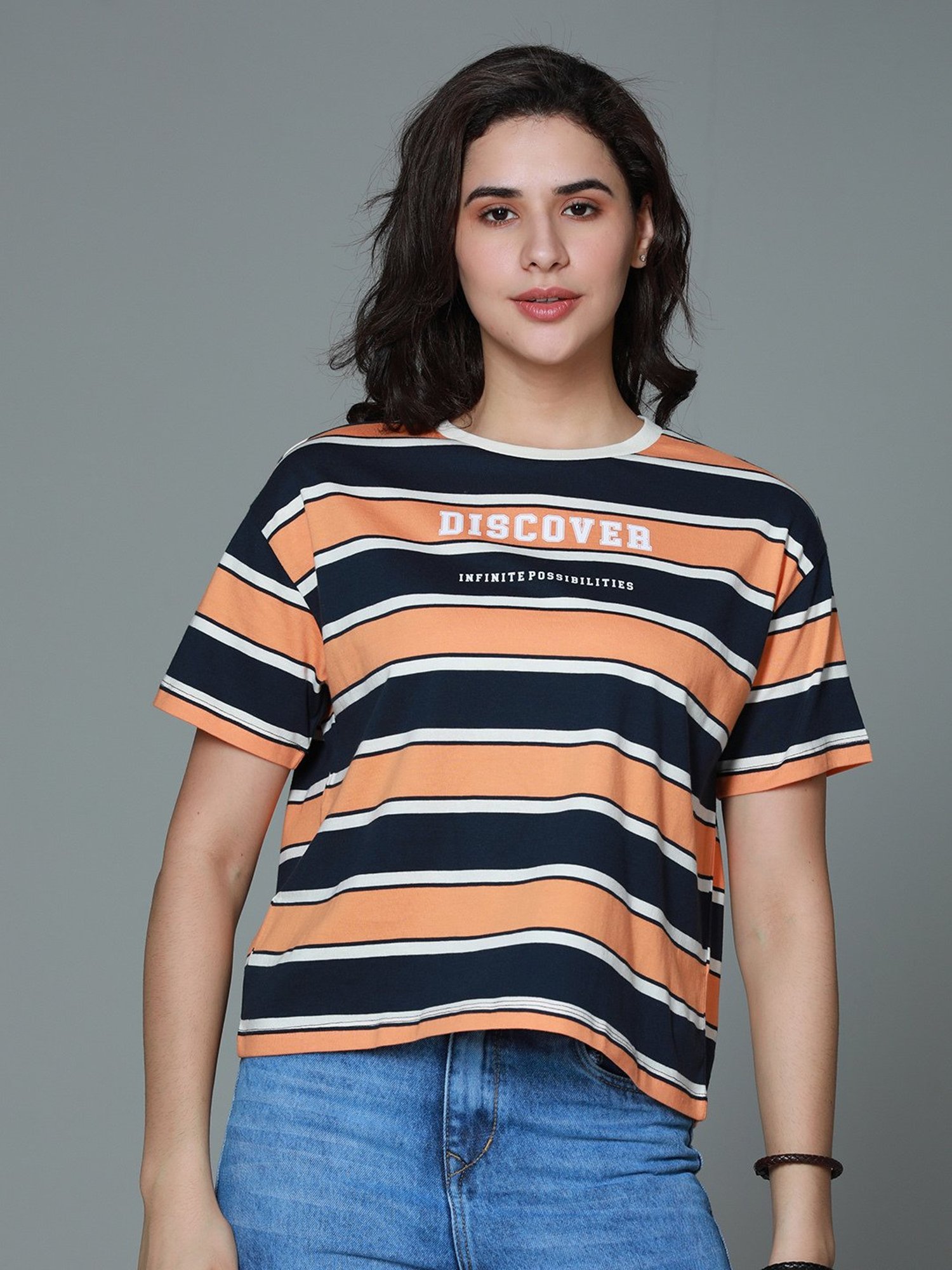 High Star Orange Cotton Stripes T-Shirt