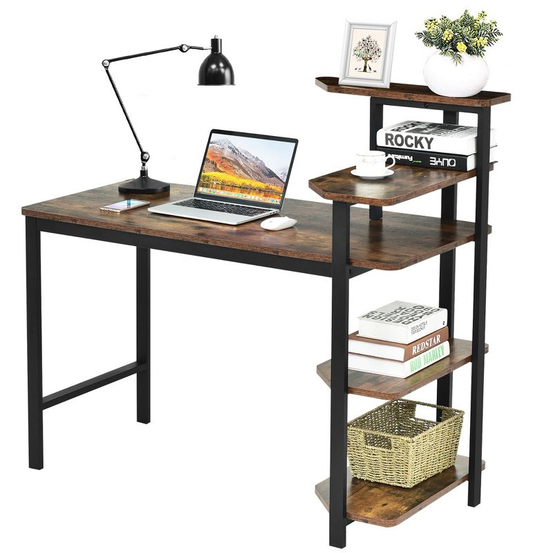 Costway Computer Desk Writing Study Table with Storage Shelves Home Office Rustic Brown
