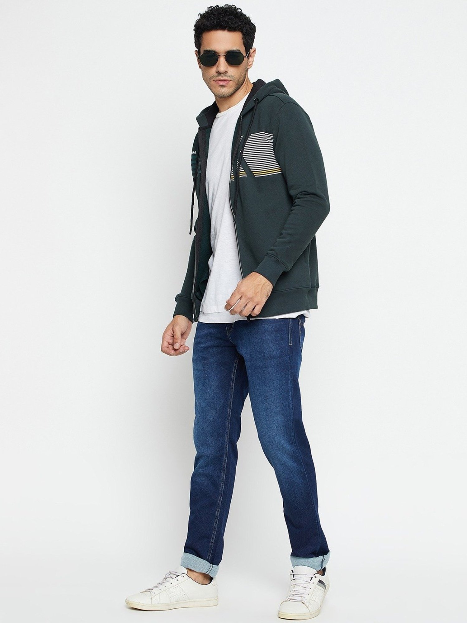 Cantabil Bottle Green Regular Fit Printed Hooded Jacket