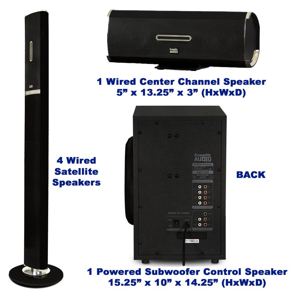 Acoustic Audio AAT1002 Bluetooth Tower 5.1 Speaker System with 2 Mics Powered Sub and 2 Extension Cables