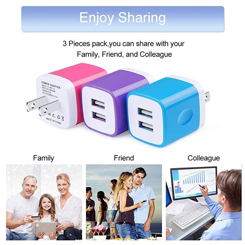 Wall ChargerCharging Block 3Pack 21A Dual Port Wall Charging Plug Head Travel Charger Cube Compatible for iPhone 11XsXRXs MaxX8 7 6 PlusSamsung GalaxyLGMotoGoogleAndroid Phone