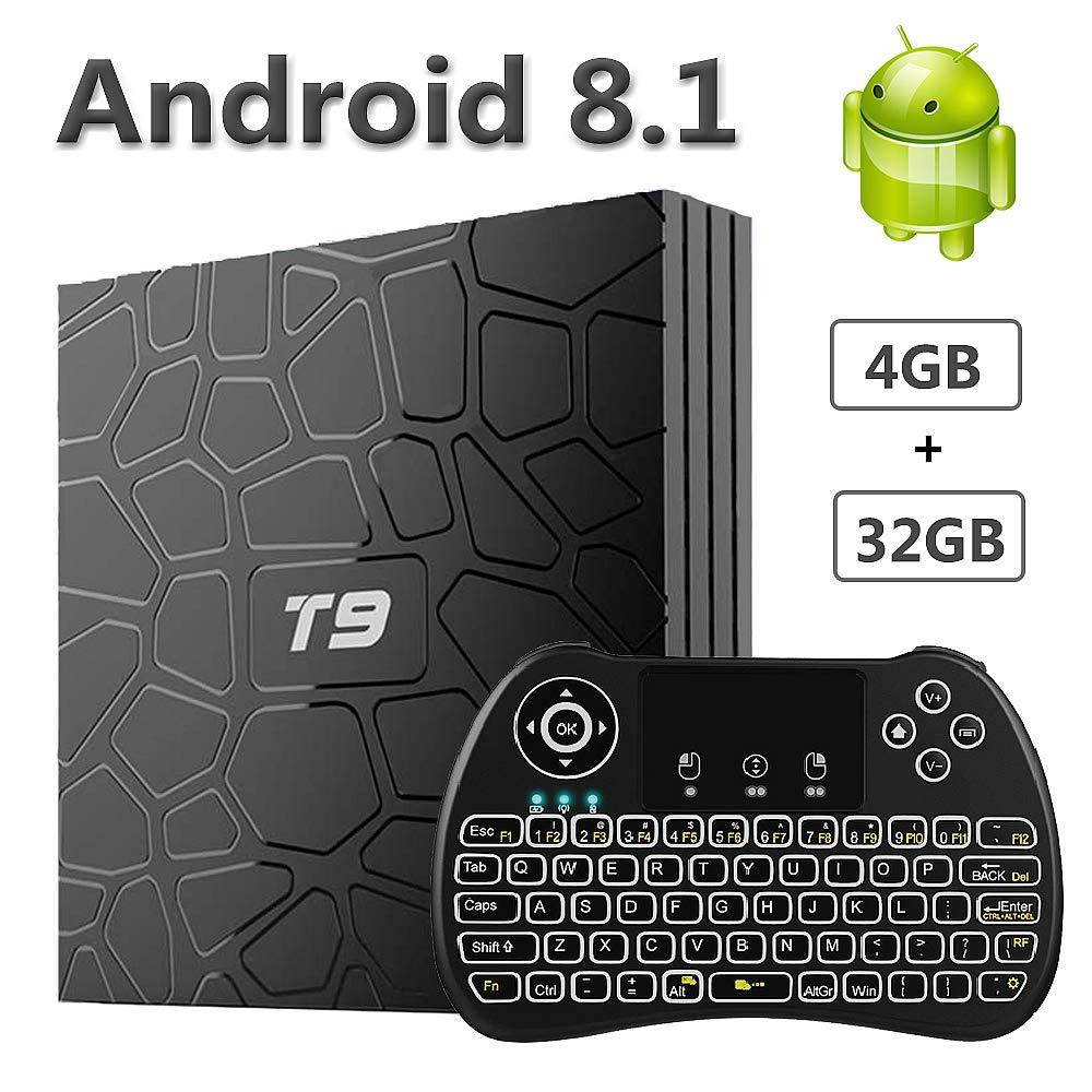 EVANPO Android TV Box 8.1 [4GB/32GB] 2018 Updated Smart TV Box Media Player Quad Core/ 64 Bits/BT 4.1/ H.265/ 3D UHD 4K Android TV Player with Wireless Mini Keyboard (Backlit)