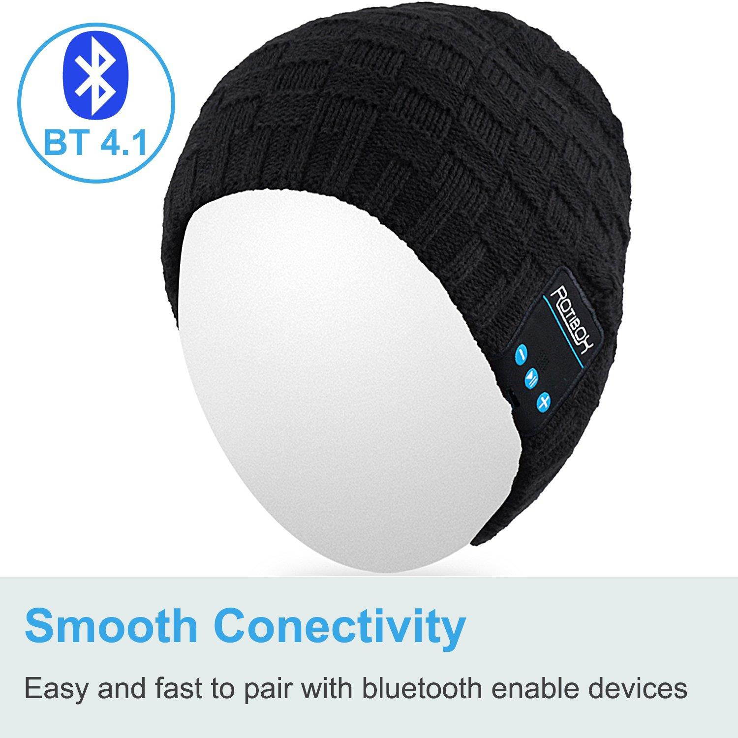 Rotibox Bluetooth Beanie Hat, Winter Outdoor Sport Knit Cap with Wireless Stereo Headphone Headset Earphone Speaker Mic Hands Free Compatible with iPhone Samsung Android Cell Phones