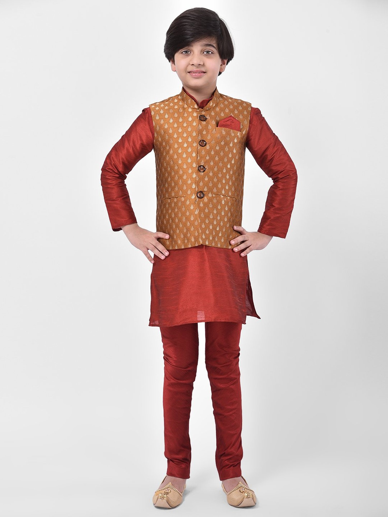 Deyann Kids Brown Embroidered Nehru Jacket