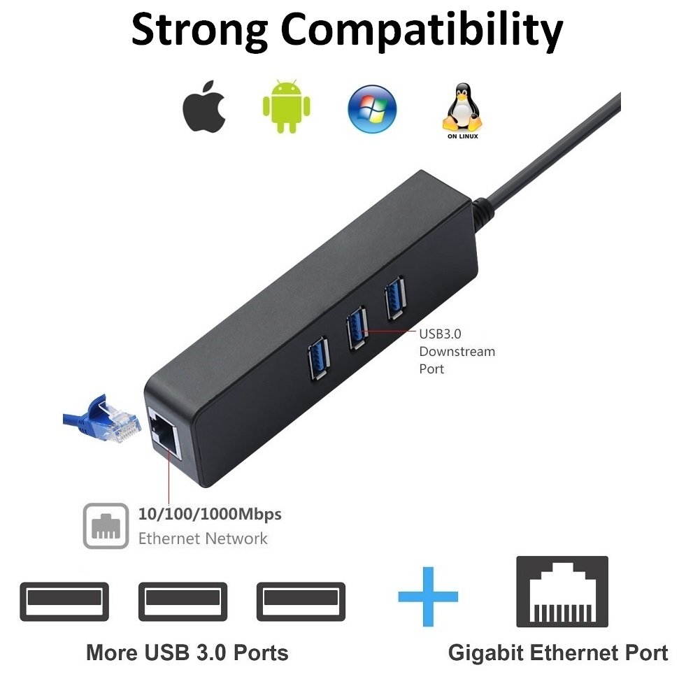 Updated 3-Port USB 3.0 Hub with RJ45 10/100/1000 Gigabit Ethernet Adapter Converter LAN Wired USB Network Adapter, USB 3.0/Type C to RJ45 1 Gigabit Port for Ultrabooks, Notebooks, Tablets and More