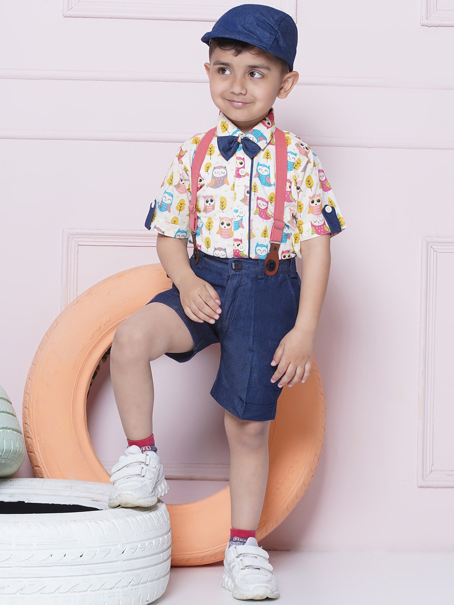 AJ Dezines Kids Pink & Navy Printed Shirt, Shorts, Suspender, Bow with Cap