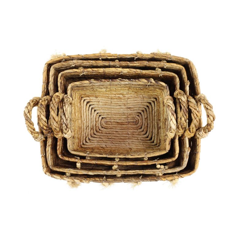 4pk Large Rectangle Banana Leaf  Baskets with Wood Beads & Tassels Brown & Beige