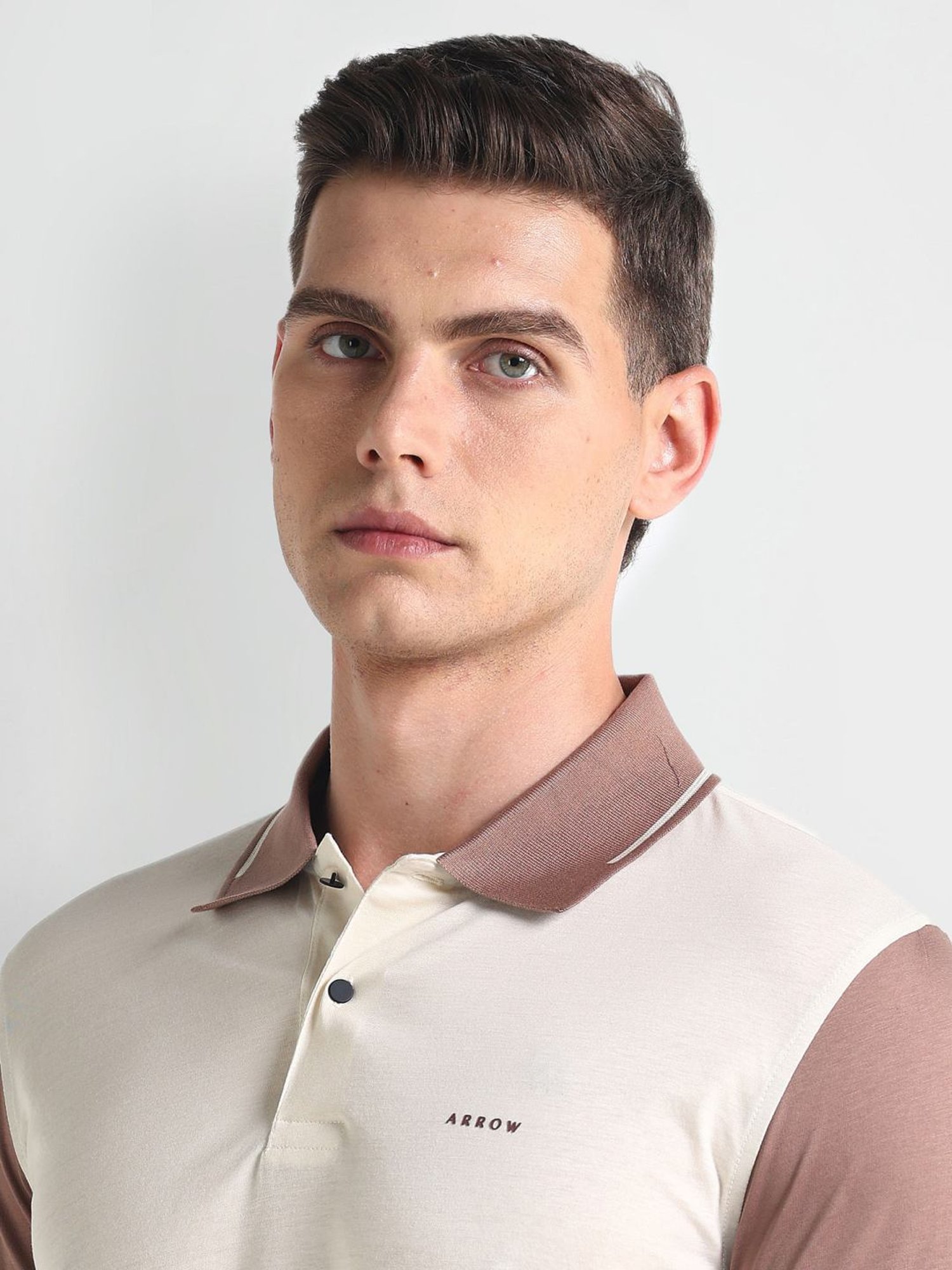 Arrow Newyork Beige Cotton Regular Fit Colour Block Polo T-Shirt
