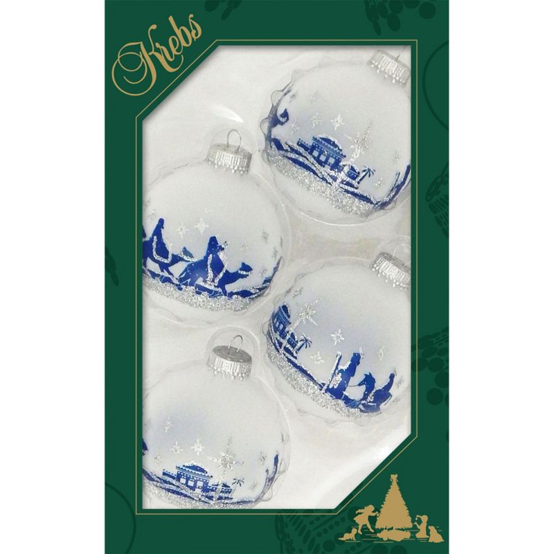 Christmas by Krebs 4ct White and Blue Bethlehem Scene Frost Christmas Ball Ornaments 2.5" (67mm)
