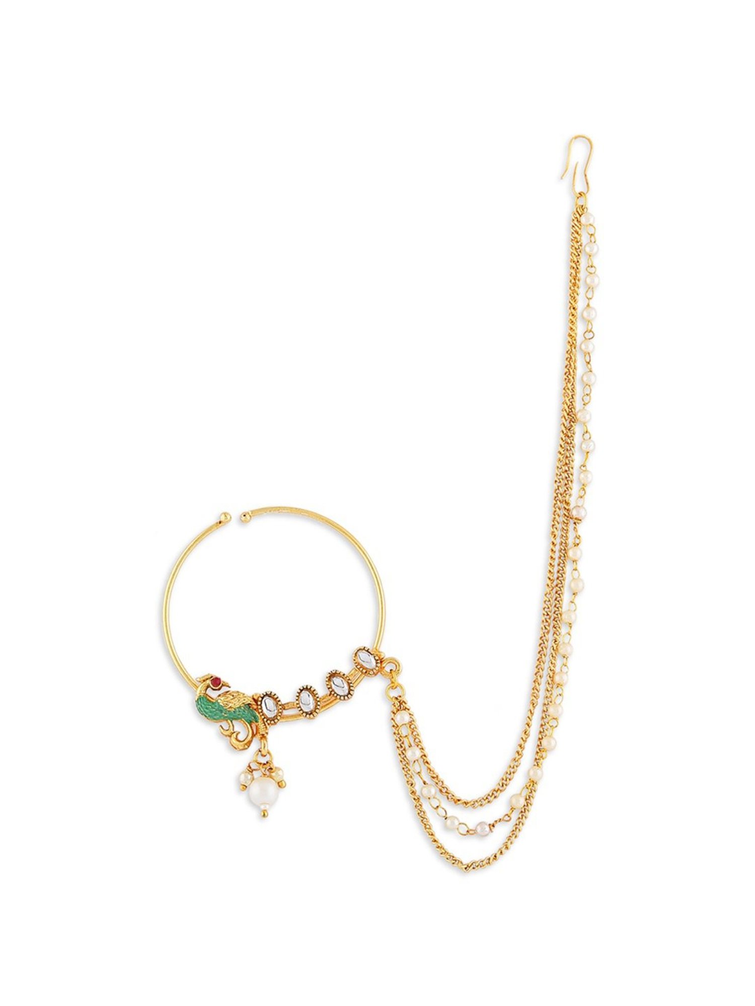 Zaveri Pearls Green Meenakari Peacock Inspired Chain Linked Bridal Nath-ZPFK10488