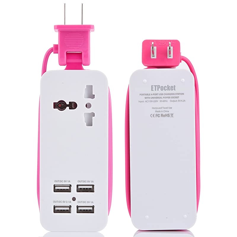 Power Strip, Portable Travel Charger Outlets 2.1AMP+1AMP 21W 1.5M/5ft Power Supply Cord with Universal Plug Wide Range Input 100v-240v Power Sockets Charger Station 4 Port Charger (Pink)