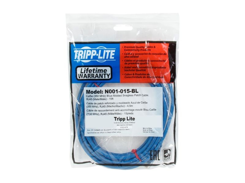 TRIPP LITE N001-015-BL 15 ft. 350MHz Blue Snagless Molded Patch Cable