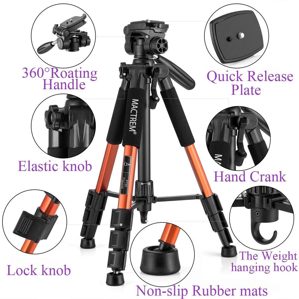 Mactrem PT55 Travel Camera Tripod Lightweight Aluminum for DSLR SLR Canon Nikon Sony Olympus DV with Carry Bag -11 lbs(5kg) Load (Orange)