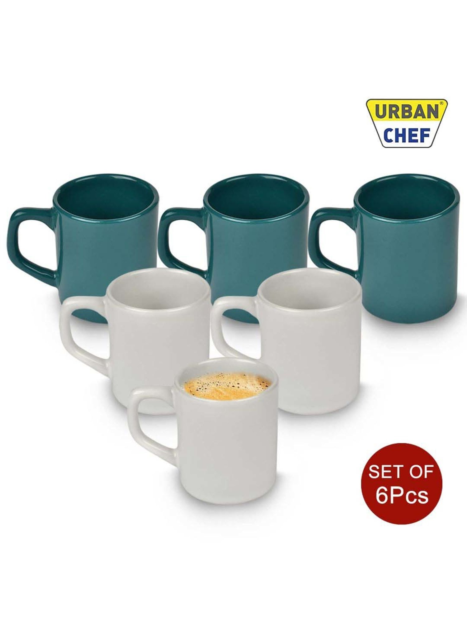 Urban Chef White & Dark Green Ceramic Droite Handcrafted Microwave Safe Cup - Set of 6
