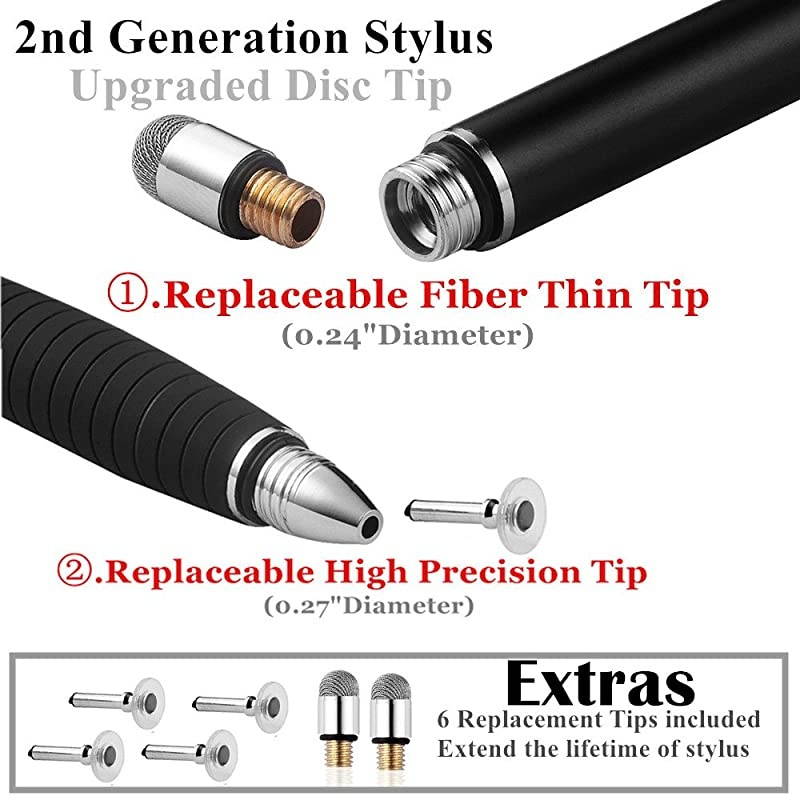 2nd Gen Universal Disc Stylus Pens 2Pcs 2 in 1 Precision Series for iPhone X88plus iPadiPad ProiPad Mini and All Touch Screen Devices Bundle with 6 Replacement TipsBlackBlue