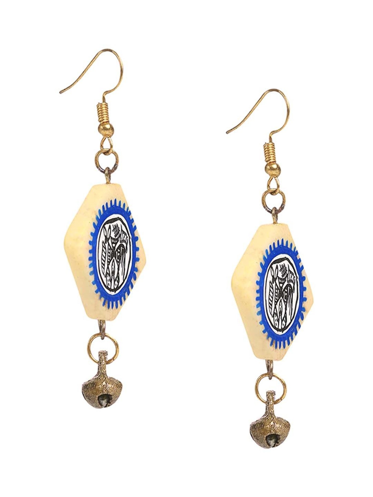 ExclusiveLane 'Tribal Warli Squares' Blue & Ivory Brass Resin Earrings Handpainted in Warli Art