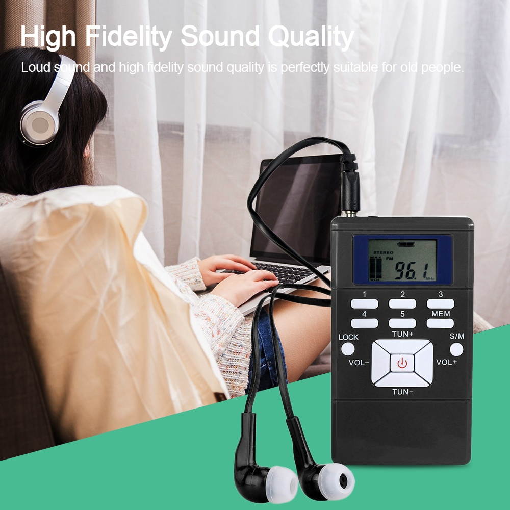 Mini Portable DSP Stereo FM Radio Digital Clock Receiver for Meeting Simultaneous Interpretation Clip-on Radio with Earphone Lanyard 1.2