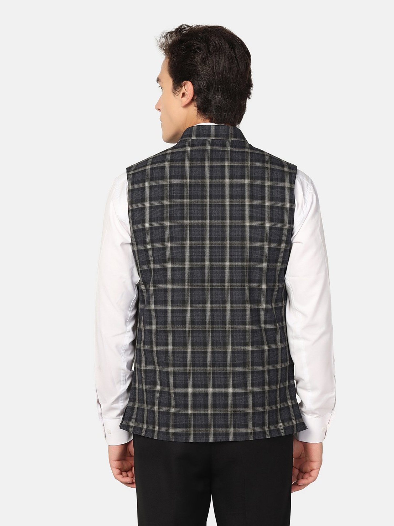 TAHVO Black Slim Fit Check Nehru Jacket