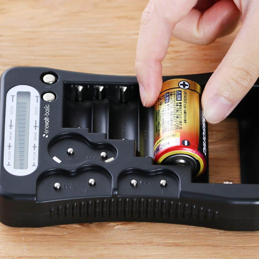 Enevolt-Basic Universal Battery Tester with Display for AA AAA C D N 9V CR123A CR2 3V 1.5V 2CR5 CR-P2 CR-V3 Button Cell Batteries, Compact Battery Checker - Black