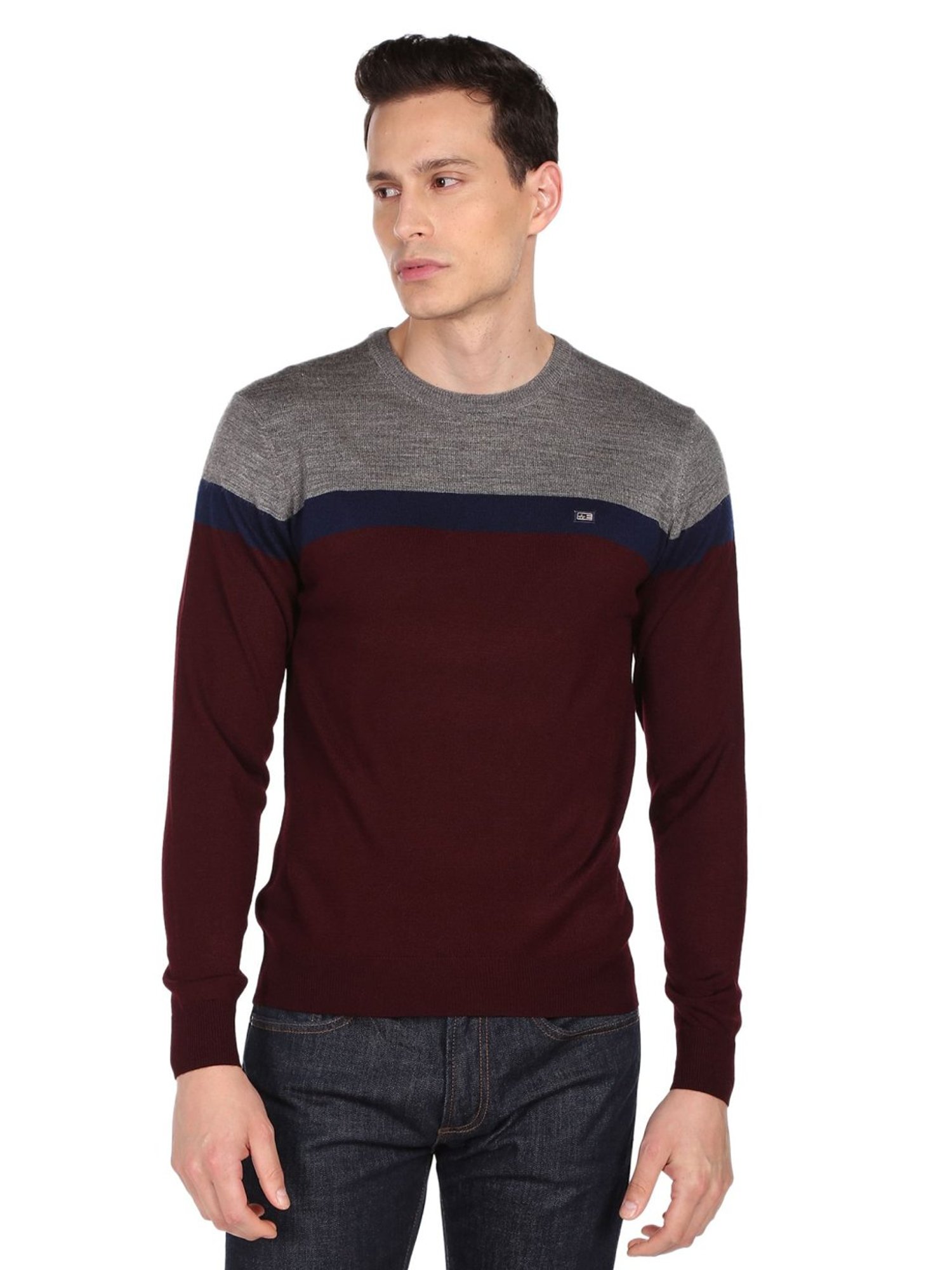 Arrow Sport Burgundy Cotton Regular Fit Colour Block Sweater