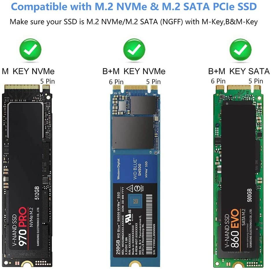 M.2 NVME NGFF SSD Enclosure Adapter Tool-Free RTL9210B Chips USB C 3.1 Gen 2 10Gbps NVME 6Gbps SATA PCIe M-Key(B+M Key) External Solid State Drive Support UASP Trim for SSD Size 2242/2260/2280