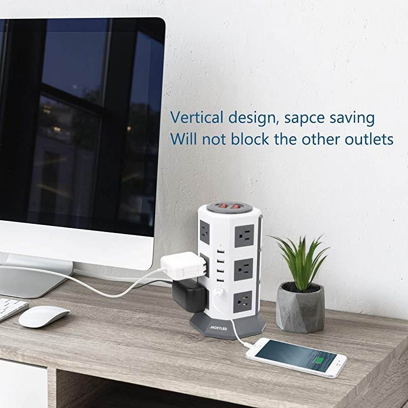 Surge Protector Power Strip Tower  12 AC Outlets 3000W 15A and 5 USB Slots 8A Desktop Smart Charging Station Multiple Protection Heavy Duty 65ft 14 AWG Cord White and Gray