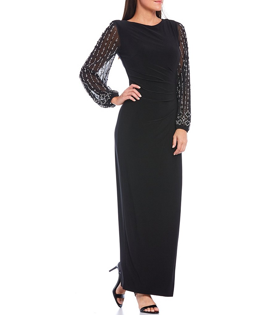 Marina Bateau Neck Long Beaded Sleeve Matte Jersey Gown
