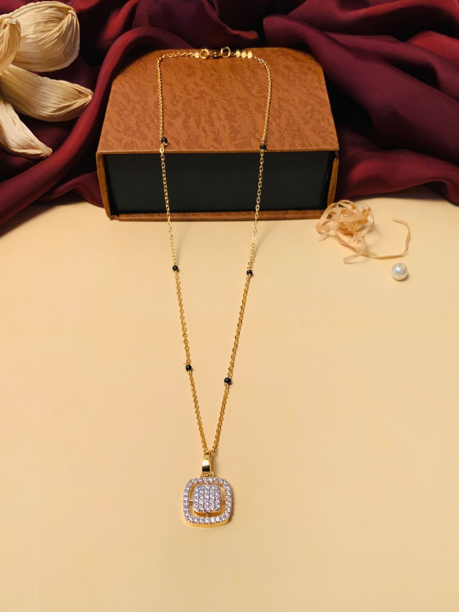 Abdesigns Gold-Plated American Diamond & Black Beaded Mangalsutra