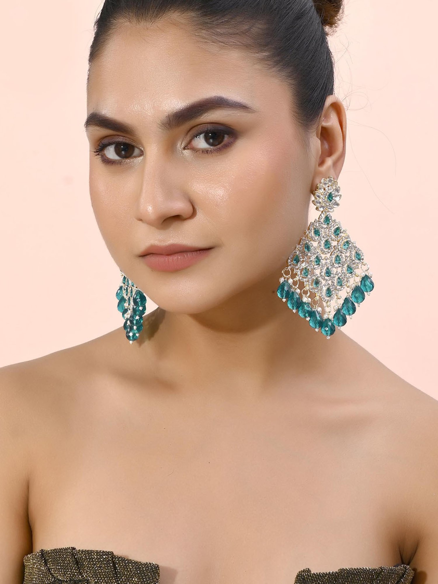 VOJ Traditional Gold Plated Green & White Ad Stone Statement Earrings for Women