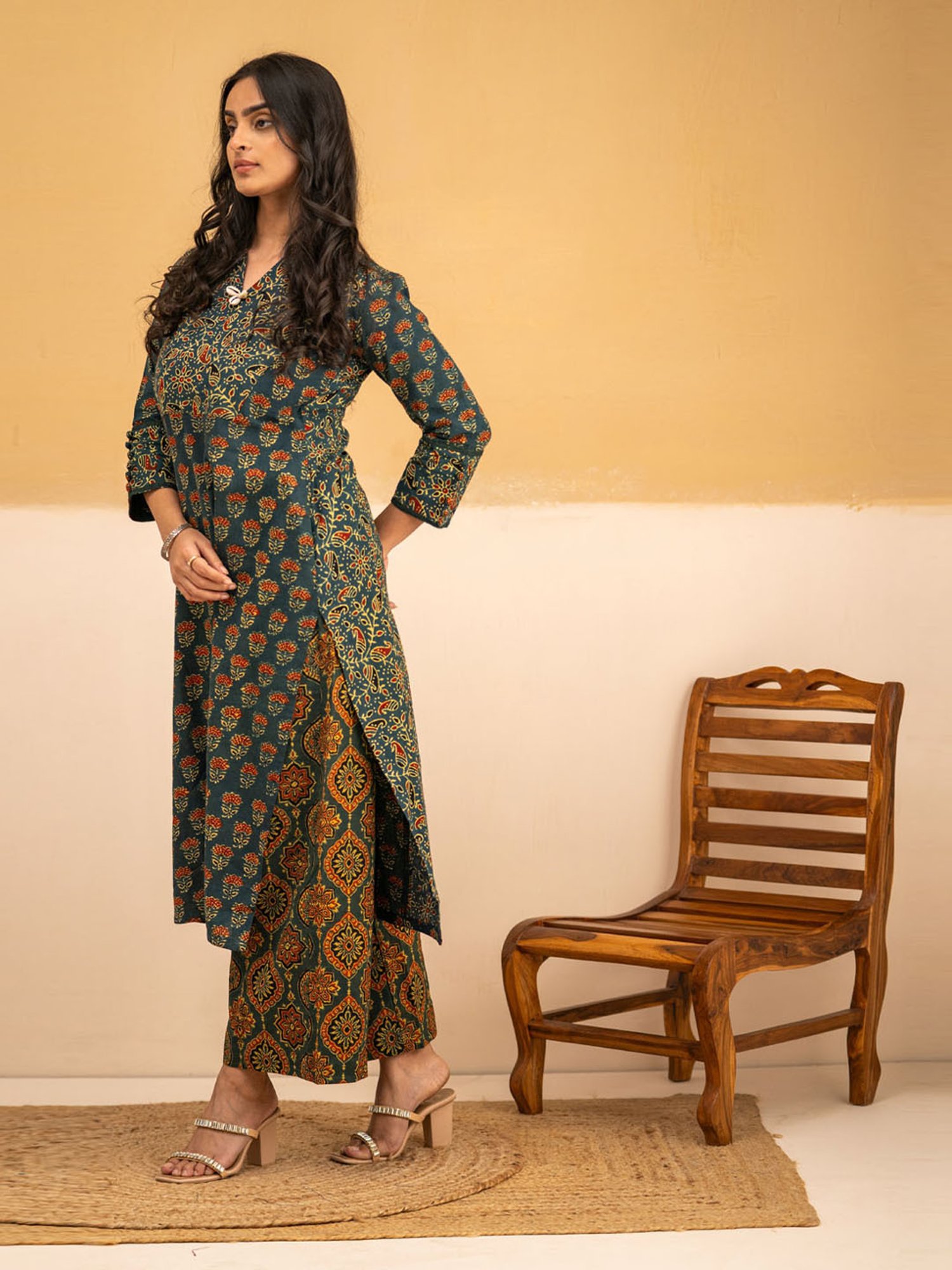 Love Chic Ajrakh Straight Kurta with Cowrie shells