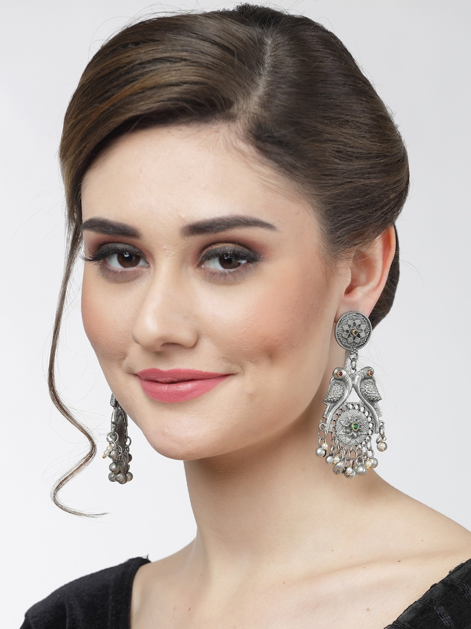 Moedbuille Crystal Ghungroo & Pearl Studded Peacock Design Silver-Plated Antique Dangler Earrings