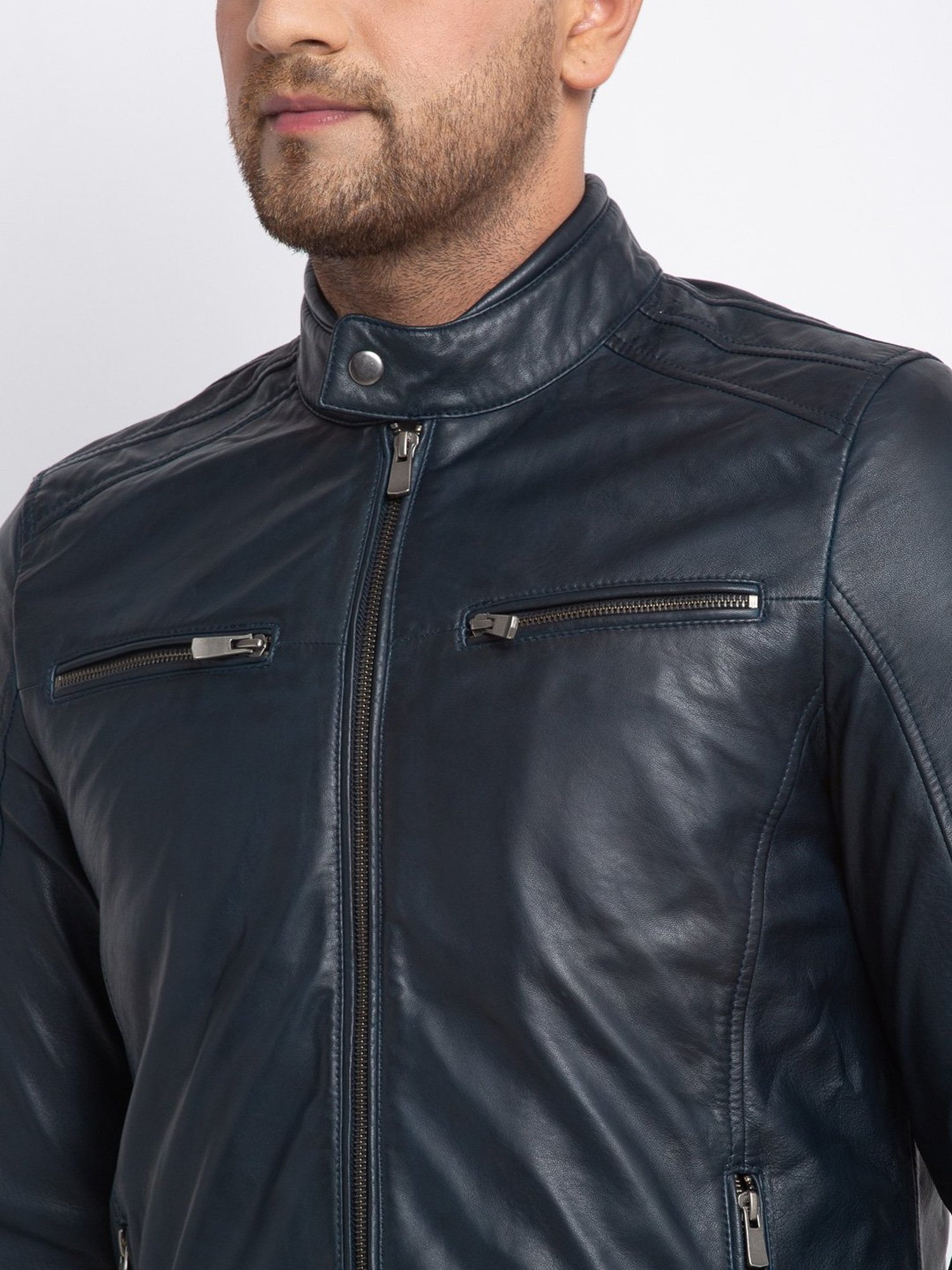Teakwood Leathers Dark Blue Mandarin Collar Leather Jacket