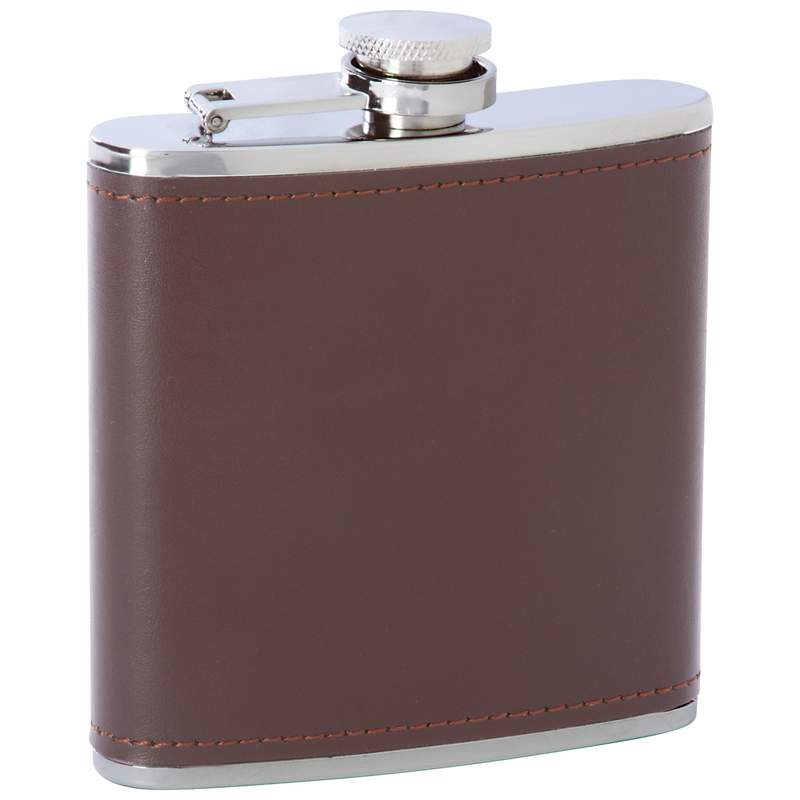 Maxam® 6oz Stainless Steel Flask with Brown Genuine Leather Wrap