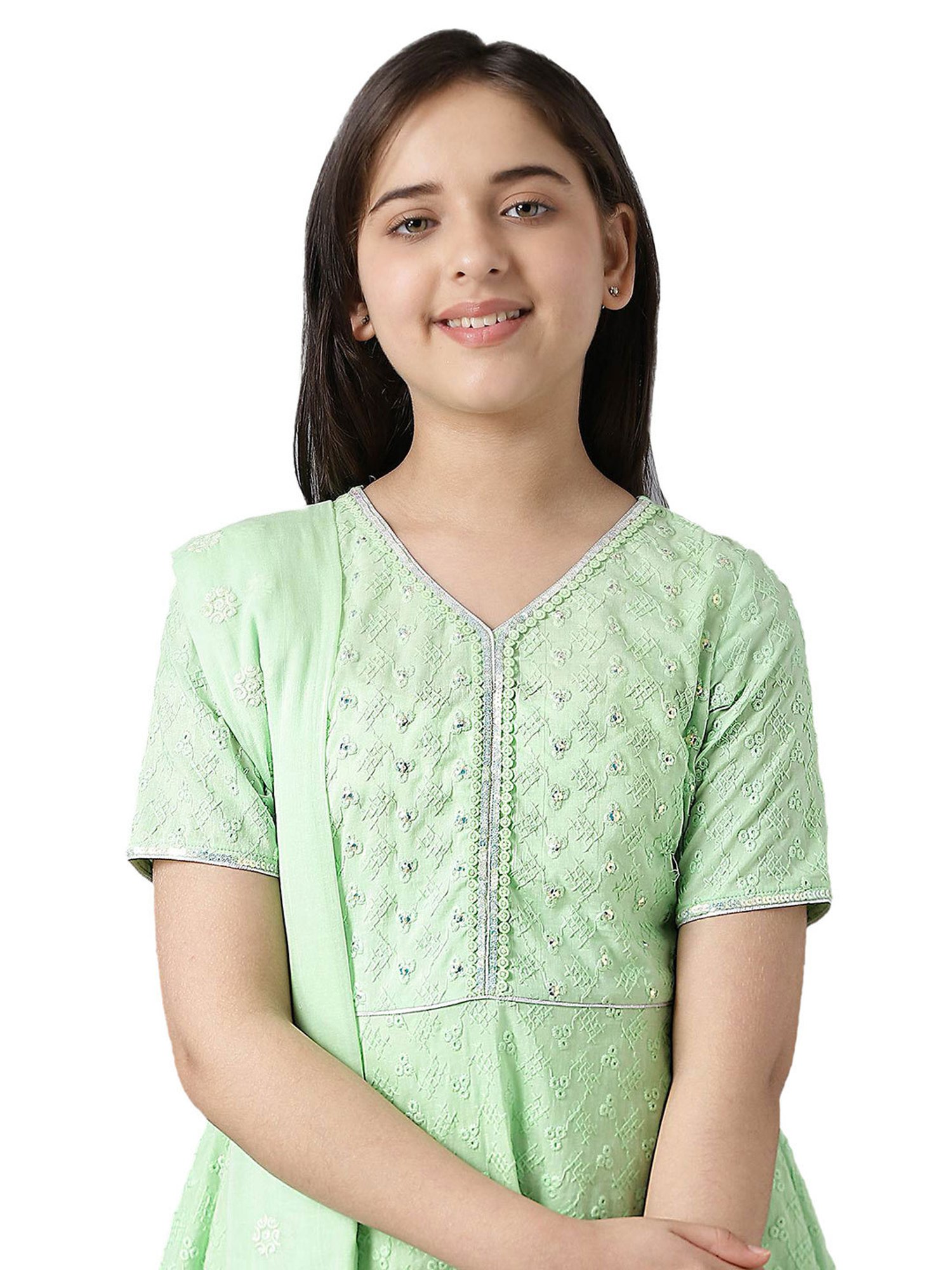 Aurelia Kids Green Embroidered Kurta with Pants & Dupatta
