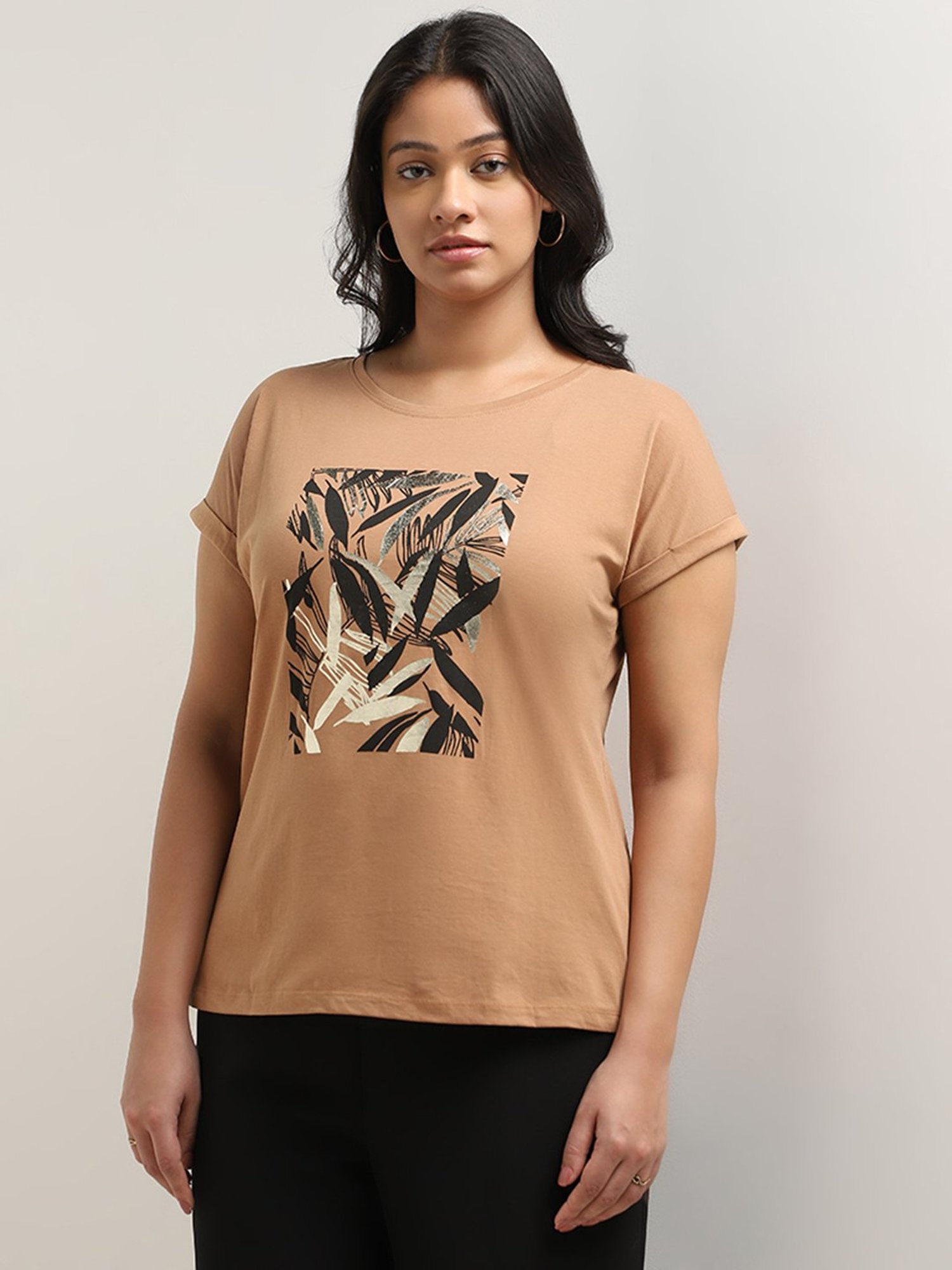 Gia by Westside Light Brown Leaf Design Cotton T-Shirt