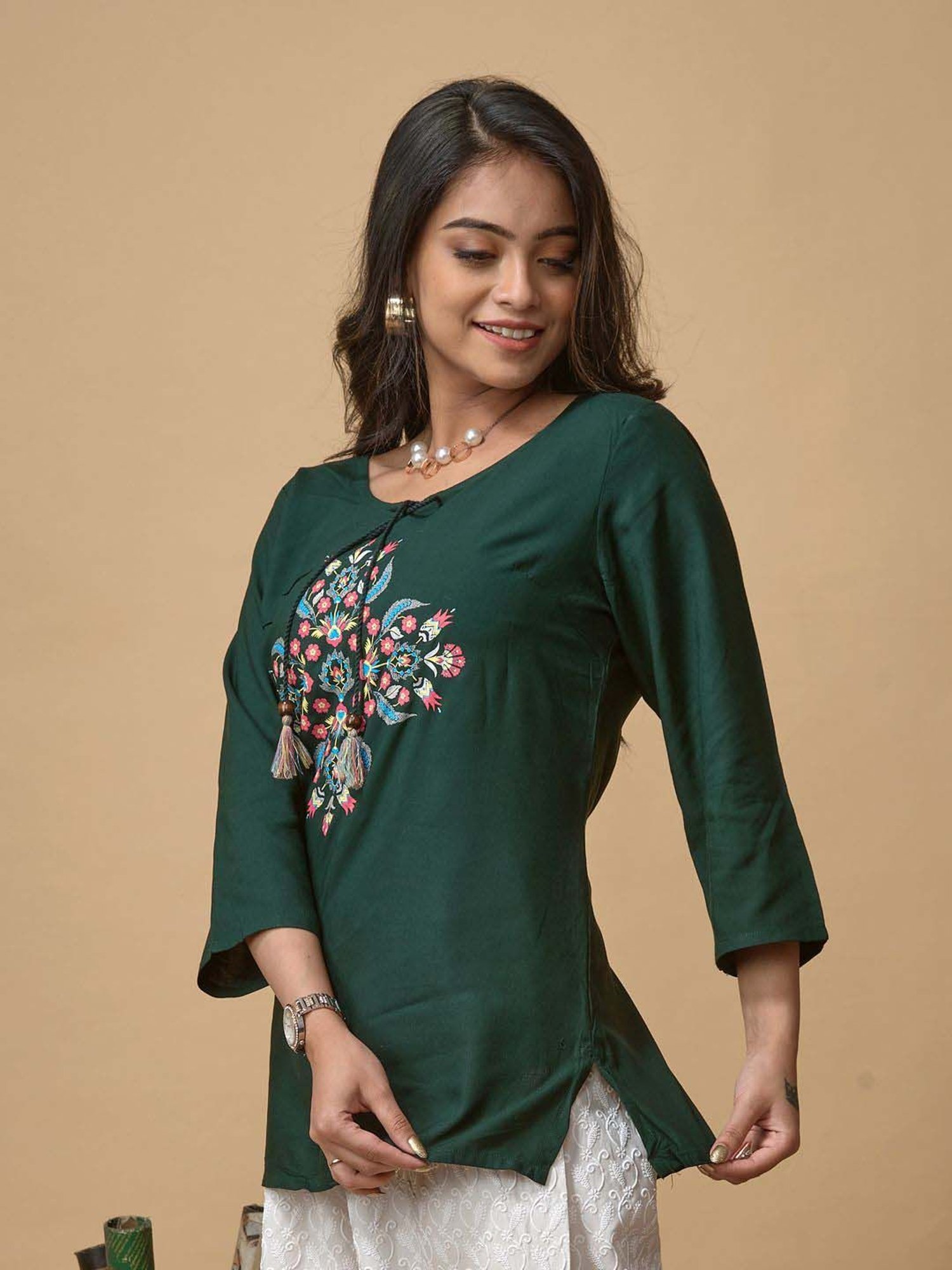 Lyra Green Printed A Line Short Kurti