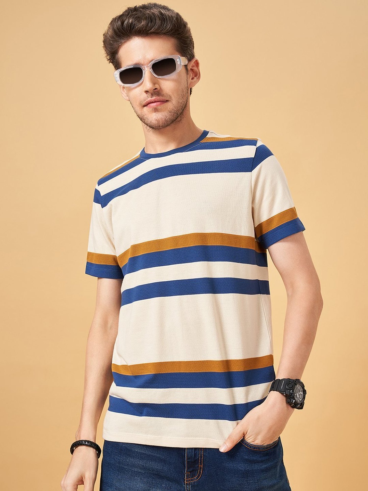 SF Jeans by Pantaloons Mustard Cotton Slim Fit Striped T-Shirt