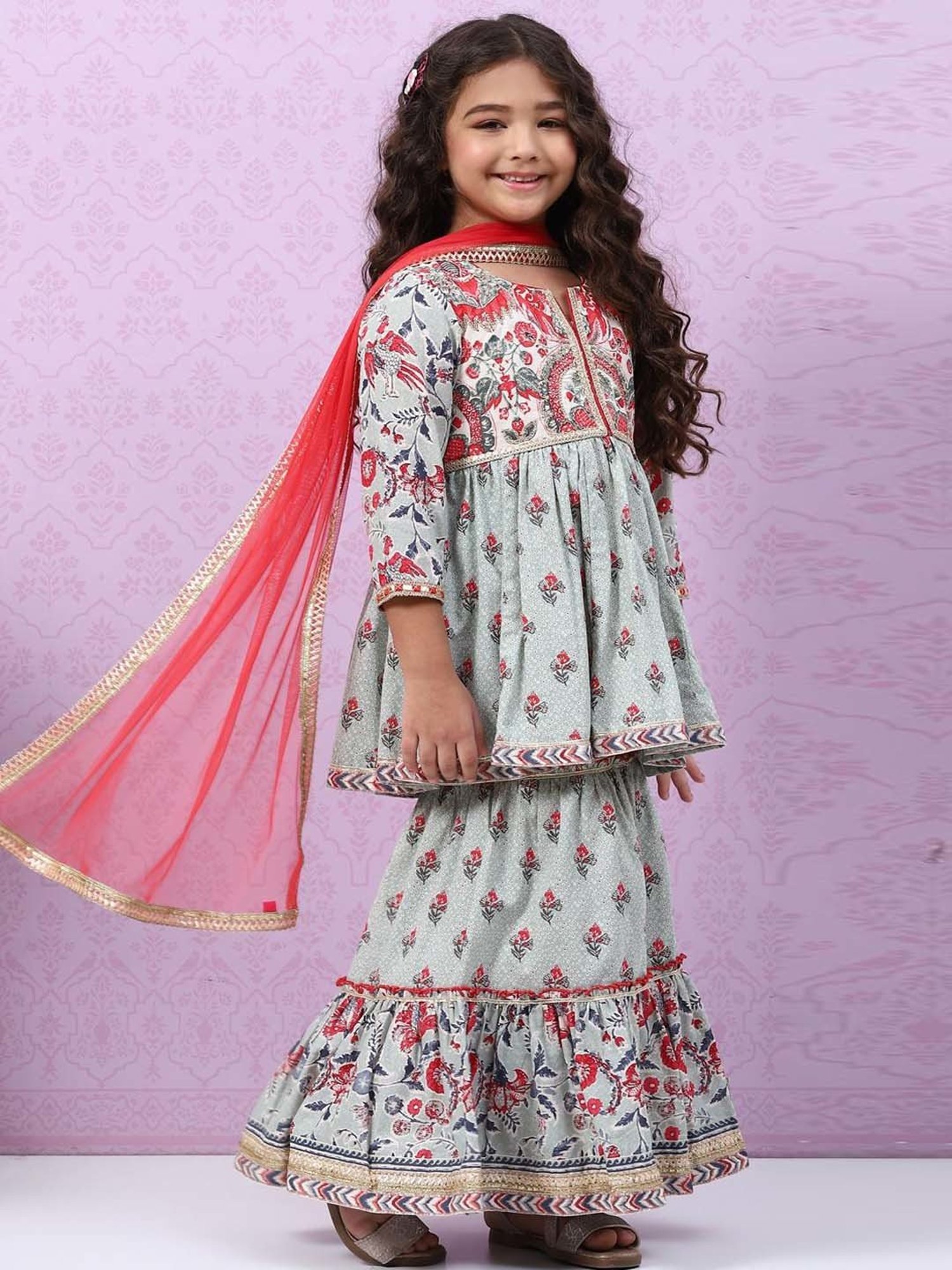 Biba Kids Smokey Blue & Pink Cotton Printed Kurta Set