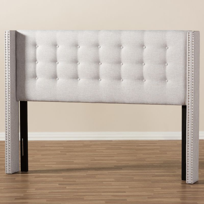 Ginaro Modern and Contemporary Fabric Button Tufted Nail Head Winged Headboard Queen Gray - Baxton Studio