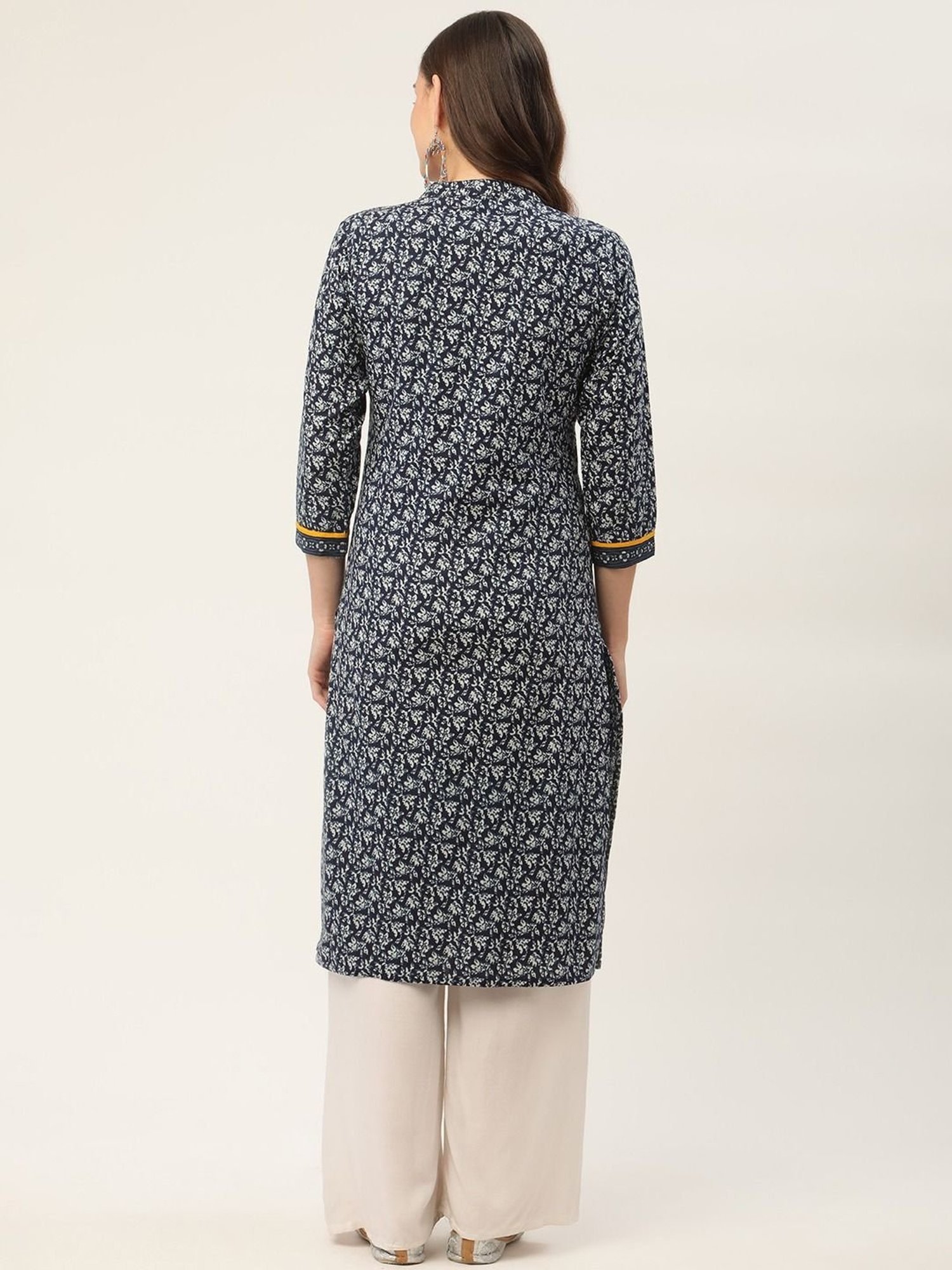 Jompers Blue Pure Cotton Floral Print Straight Kurta