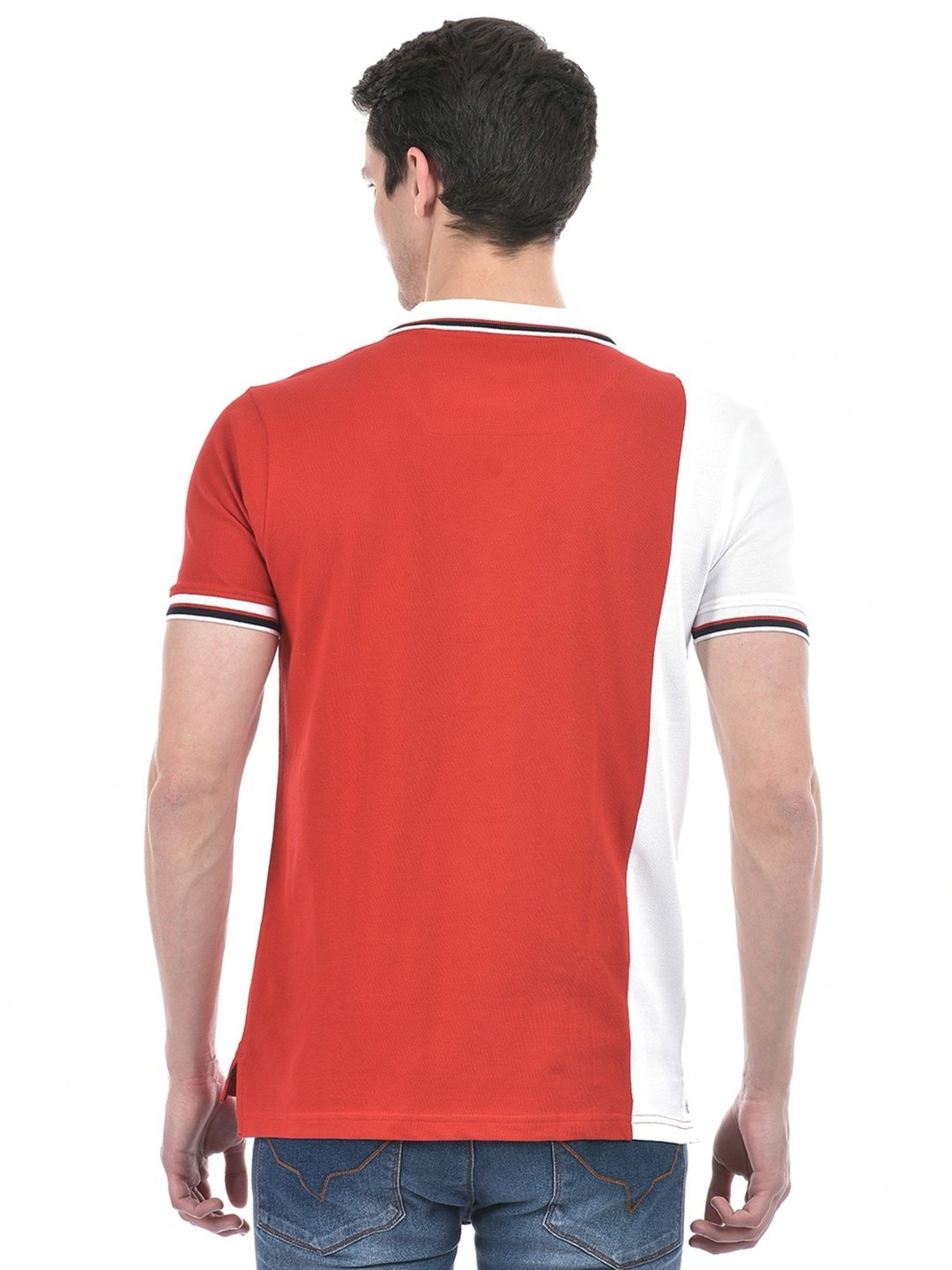 Numero Uno Red Cotton Regular Fit Colour Block Polo T-Shirt
