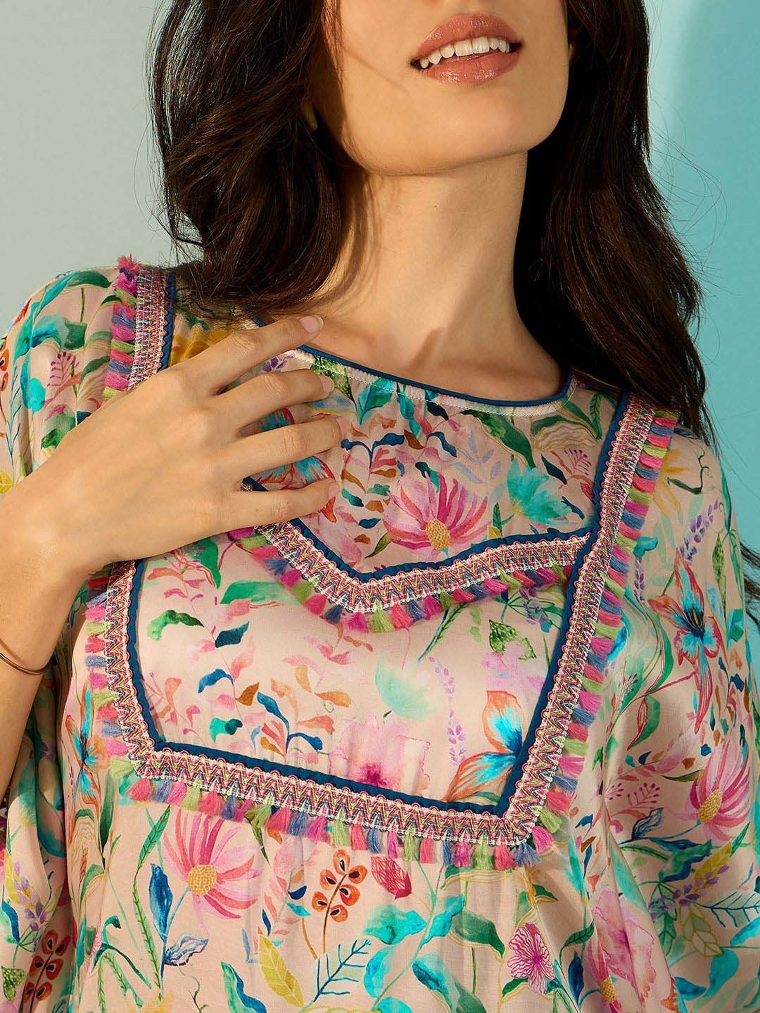 The Kaftan Company Peach Floral Print Kaftan
