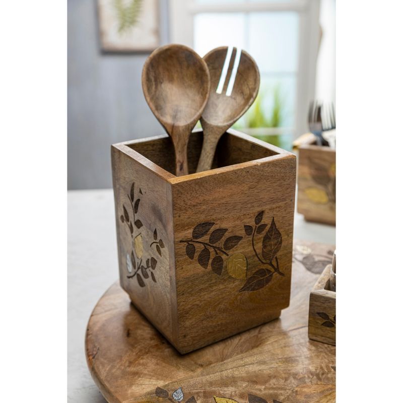 GG Collection Mango Wood with Laser and Metal Inlay Leaf Design Utensil Holder.