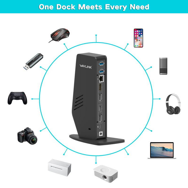 Wavlink Universal 5K USB-C/A Laptop Docking Station, 4K Dual Video Docking Station 2 x HDMI, 2 x DisplayPort, Gigabit Ethernet, USB C in, 6 x USB 3.0, Audio, Mic, For Windows & Mac, PD Not Supported