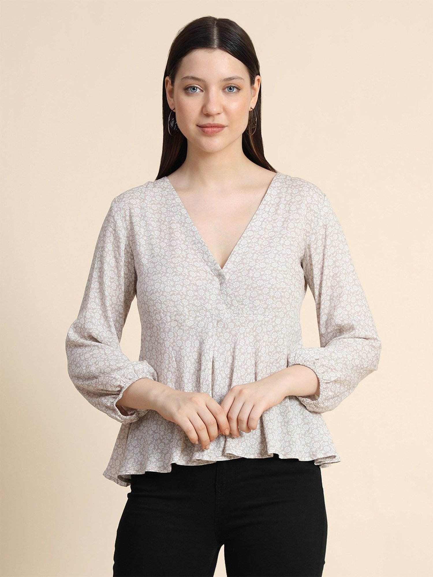 KERI PERRY Beige Floral Print Top